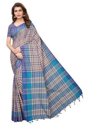 Terra Checks Blue Cotton Polyester Silk Weaving Saree With Blouse