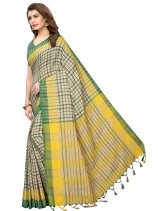 Terra Checks Green Cotton Polyester Silk Weaving Saree With Blouse