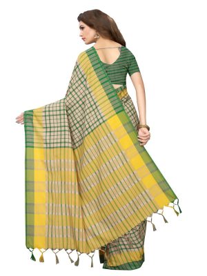 Terra Checks Green Cotton Polyester Silk Weaving Saree With Blouse