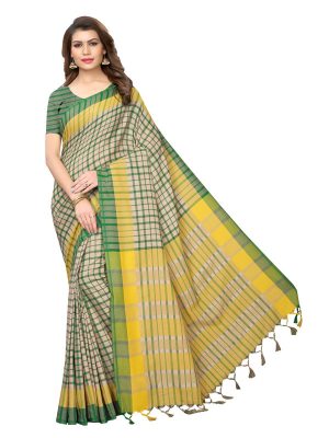 Terra Checks Green Cotton Polyester Silk Weaving Saree With Blouse