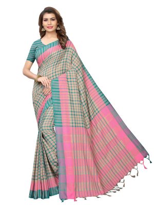 Terra Checks Rama Cotton Polyester Silk Weaving Saree With Blouse