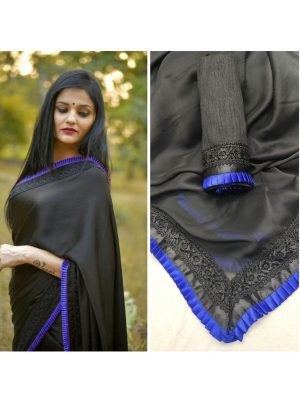 Black Beauty Blue Georgette Embroidered Designer Sarees With Blouse
