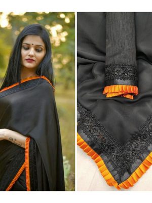 Black Beauty Orange Georgette Embroidered Designer Sarees With Blouse