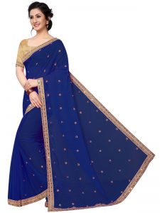 Diamond Queen Blue Georgette Embroidered Designer Sarees With Blouse