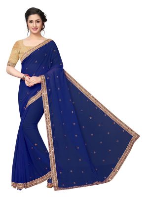 Diamond Queen Blue Georgette Embroidered Designer Sarees With Blouse