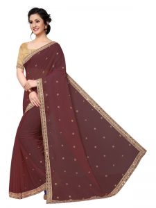 Diamond Queen Coffee Georgette Embroidered Designer Sarees With Blouse