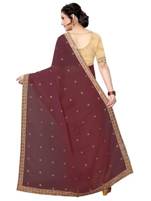 Diamond Queen Coffee Georgette Embroidered Designer Sarees With Blouse