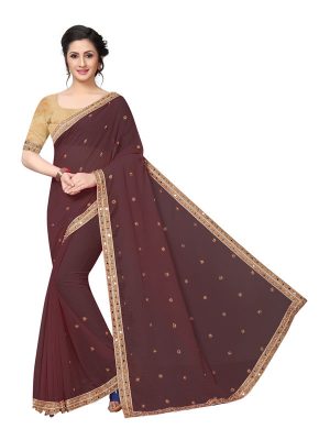 Diamond Queen Coffee Georgette Embroidered Designer Sarees With Blouse