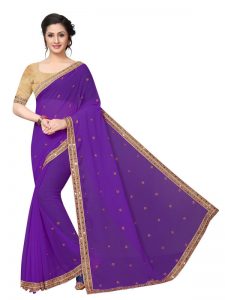 Diamond Queen Violet Georgette Embroidered Designer Sarees With Blouse