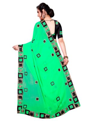 Divine Green Georgette Embroidered Designer Sarees With Blouse