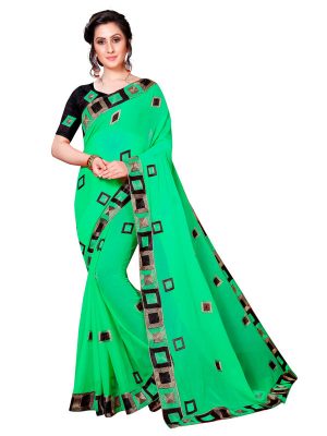 Divine Green Georgette Embroidered Designer Sarees With Blouse
