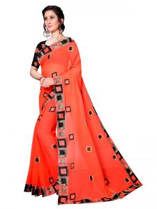 Divine Orange Georgette Embroidered Designer Sarees With Blouse