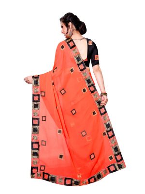 Divine Orange Georgette Embroidered Designer Sarees With Blouse