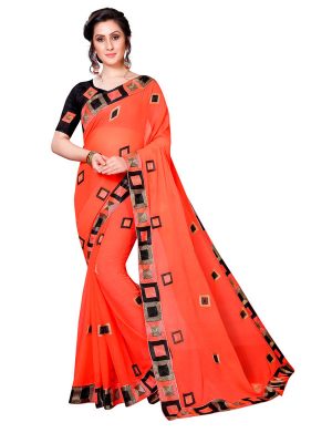 Divine Orange Georgette Embroidered Designer Sarees With Blouse