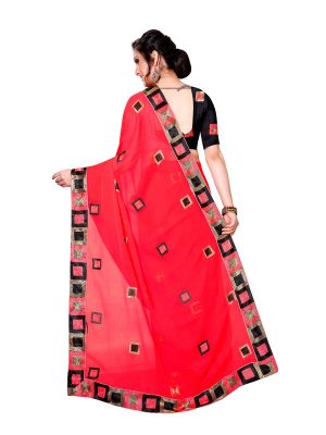 Divine Red Georgette Embroidered Designer Sarees With Blouse