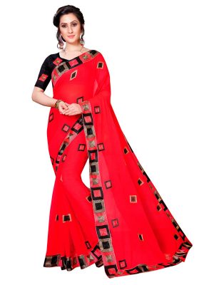 Divine Red Georgette Embroidered Designer Sarees With Blouse