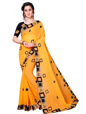 Divine Yellow Georgette Embroidered Designer Sarees With Blouse