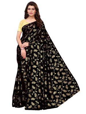 Foil Floral Black Rangoli Silk Foil Print Designer Sarees With Blouse