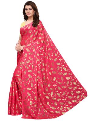 Foil Floral Pink Rangoli Silk Foil Print Designer Sarees With Blouse