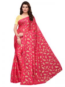 Foil Floral Pink Rangoli Silk Foil Print Designer Sarees With Blouse