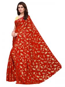 Foil Floral Red Rangoli Silk Foil Print Designer Sarees With Blouse