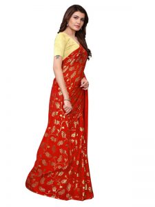 Foil Floral Red Rangoli Silk Foil Print Designer Sarees With Blouse