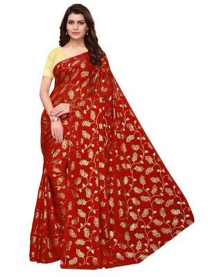 Foil Floral Red Rangoli Silk Foil Print Designer Sarees With Blouse