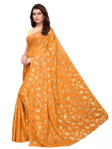 Foil Floral Yellow Rangoli Silk Foil Print Designer Sarees With Blouse