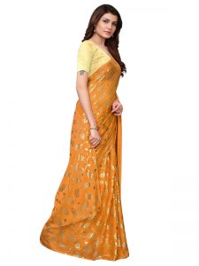 Foil Floral Yellow Rangoli Silk Foil Print Designer Sarees With Blouse