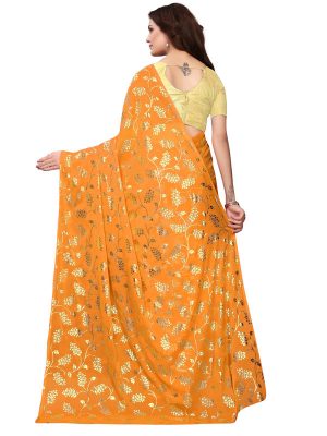 Foil Floral Yellow Rangoli Silk Foil Print Designer Sarees With Blouse