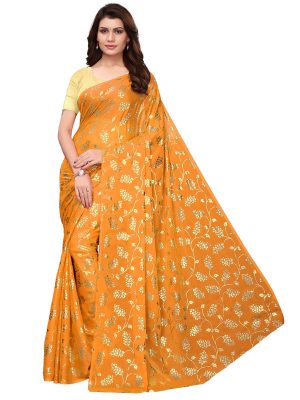 Foil Floral Yellow Rangoli Silk Foil Print Designer Sarees With Blouse