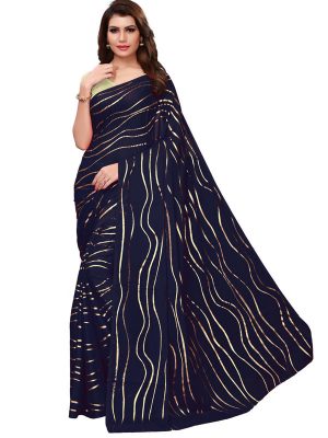 Foil Lehariya Navy Rangoli Silk Foil Print Designer Sarees With Blouse