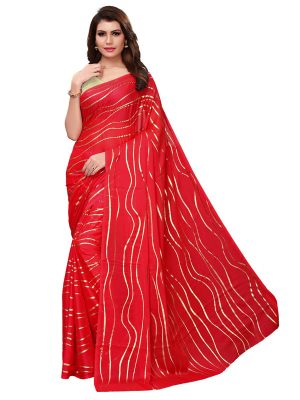 Foil Lehariya Red Rangoli Silk Foil Print Designer Sarees With Blouse