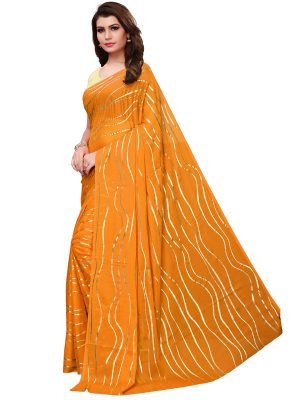 Foil Lehariya Yellow Rangoli Silk Foil Print Designer Sarees With Blouse