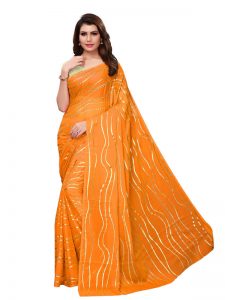 Foil Lehariya Yellow Rangoli Silk Foil Print Designer Sarees With Blouse