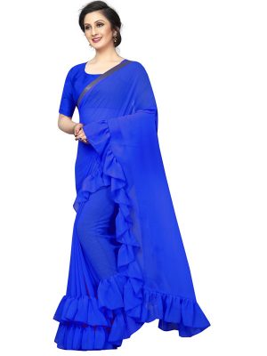Frill Blue Georgette Solid Designer Sarees With Blouse