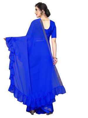 Frill Blue Georgette Solid Designer Sarees With Blouse