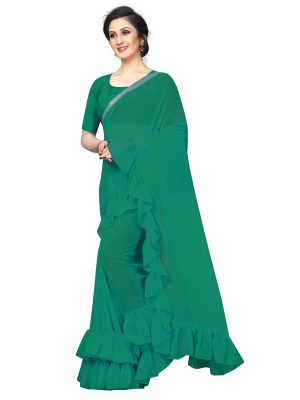 Frill Green Georgette Solid Designer Sarees With Blouse