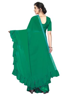 Frill Green Georgette Solid Designer Sarees With Blouse