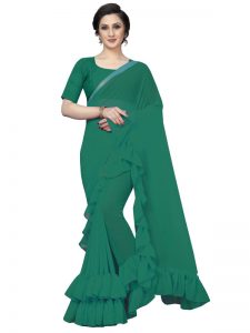 Frill Green Georgette Solid Designer Sarees With Blouse