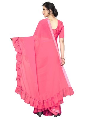Frill Peach Georgette Solid Designer Sarees With Blouse