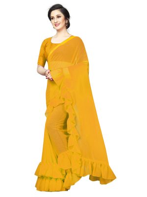 Frill Yellow Georgette Solid Designer Sarees With Blouse