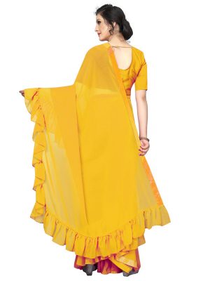 Frill Yellow Georgette Solid Designer Sarees With Blouse