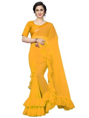 Frill Yellow Georgette Solid Designer Sarees With Blouse