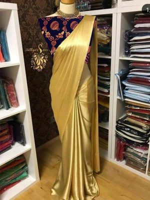 Gold Dust Navy Satin Solid Designer Sarees With Blouse