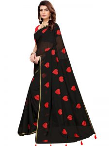 Heart Black Chandheri Cotton Solid Designer Sarees With Blouse
