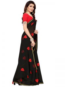 Heart Black Chandheri Cotton Solid Designer Sarees With Blouse