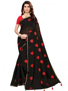 Heart Black Chandheri Cotton Solid Designer Sarees With Blouse