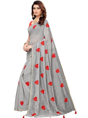 Heart Grey Chandheri Cotton Solid Designer Sarees With Blouse