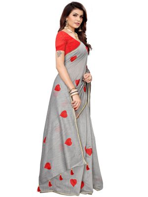 Heart Grey Chandheri Cotton Solid Designer Sarees With Blouse